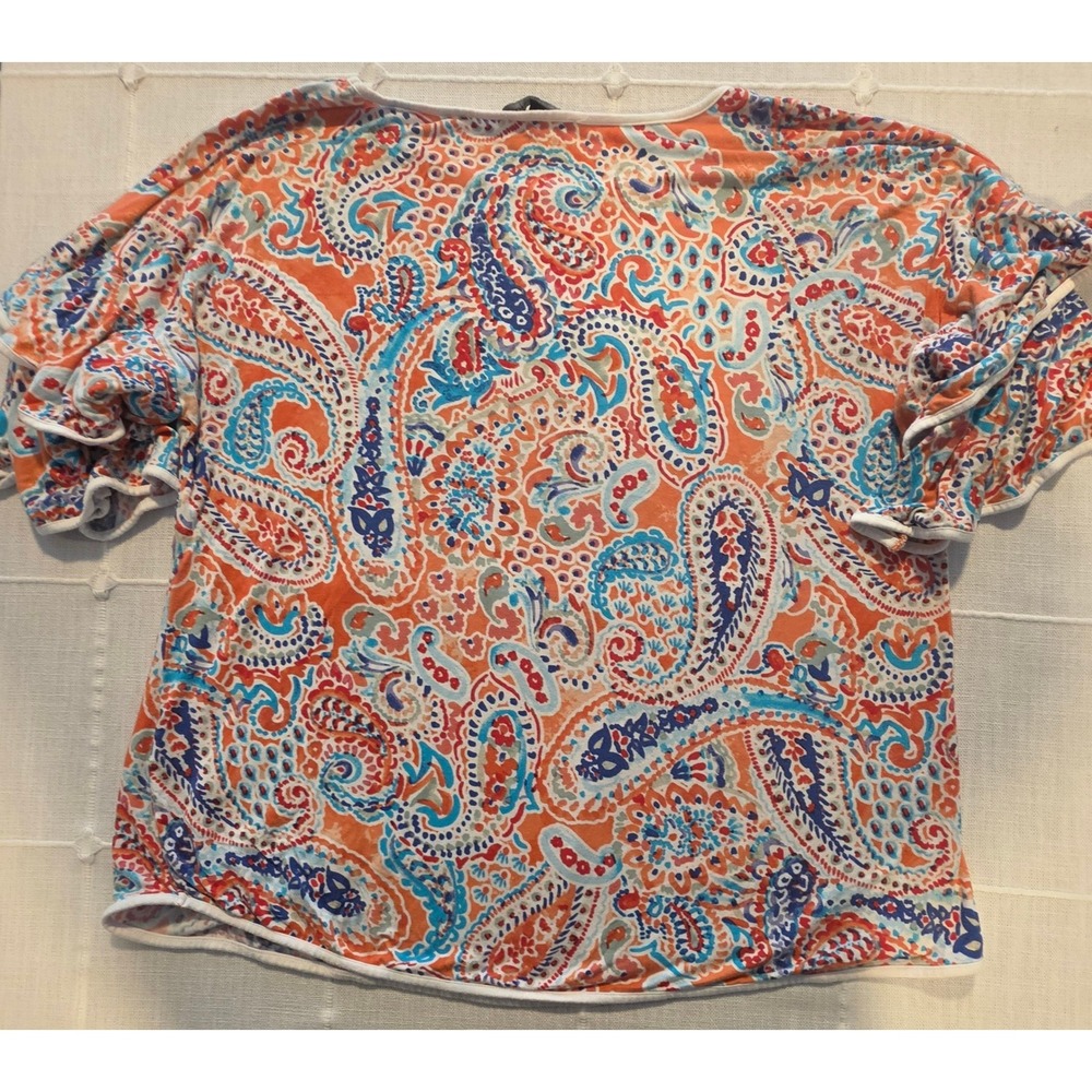 Cable & Gauge Orange Blue Paisley Flutter Sleeve Top XL - Picture 6 of 6